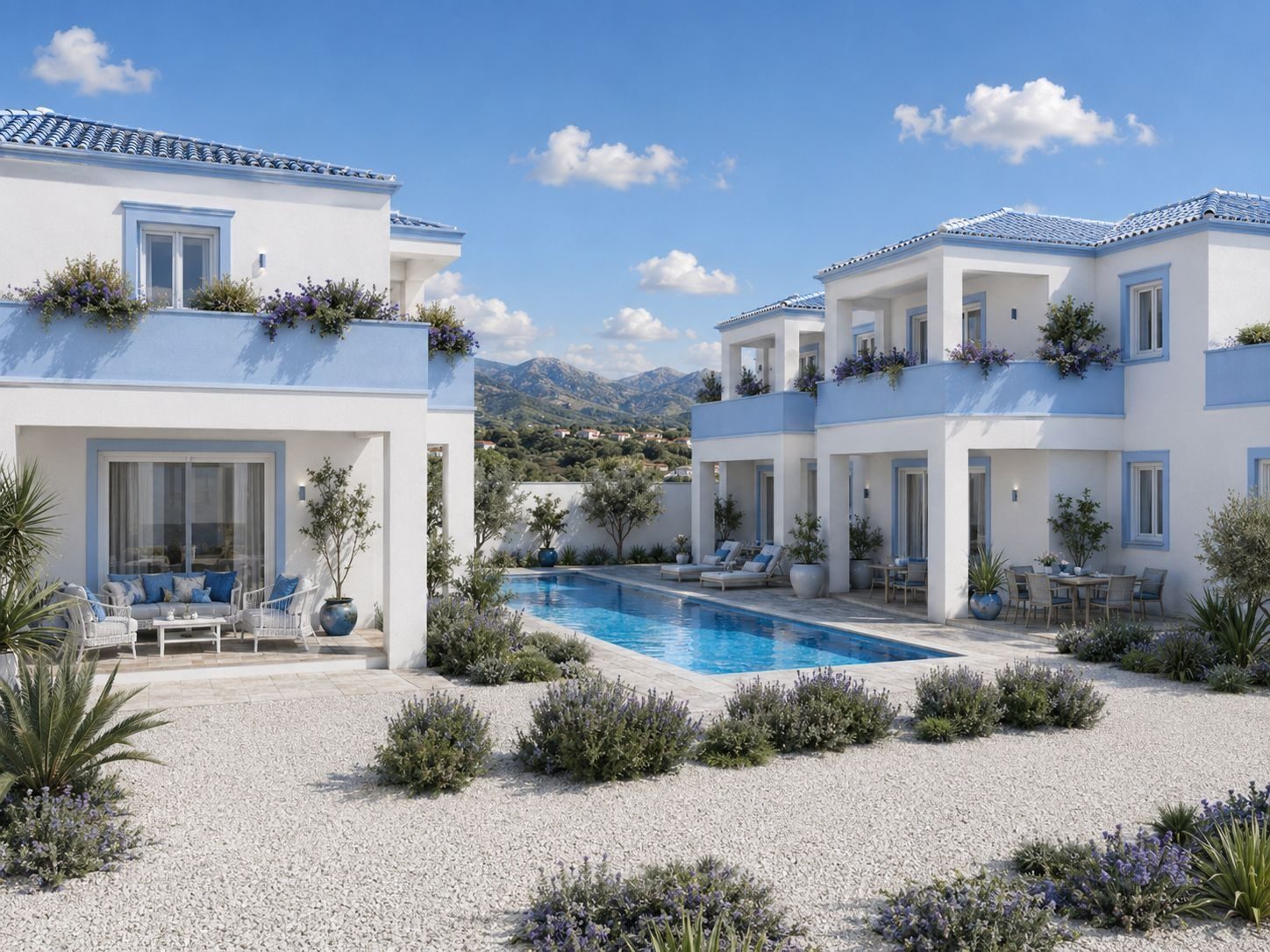 Render della corte interna delle Residenze Viddalba, con facciate bianche e azzurre e le colline sullo sfondo