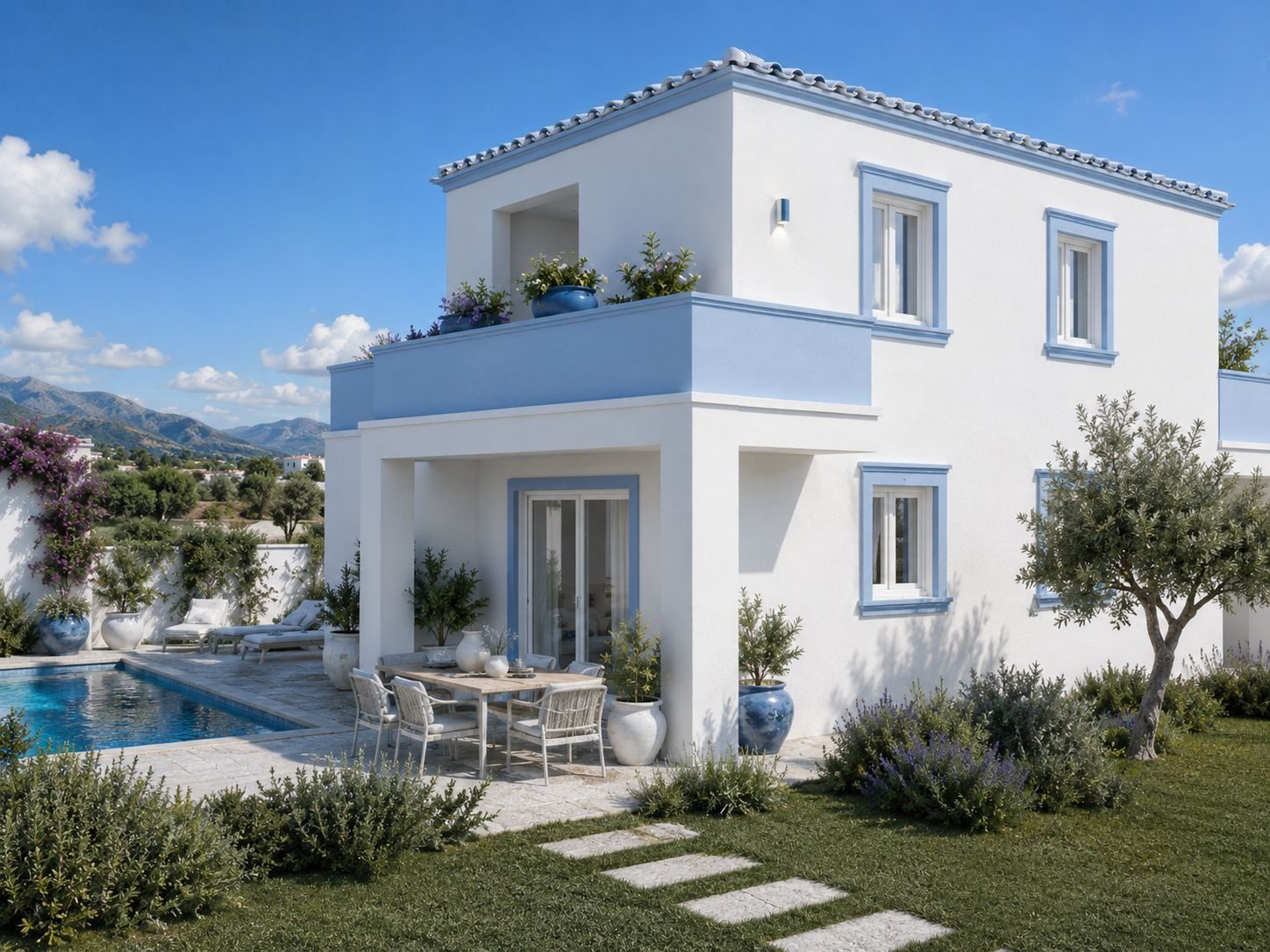 Facciata con portico al piano terra e terrazza al primo piano