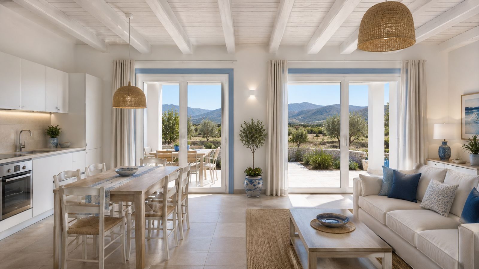 Zona giorno con cucina e vetrate sul portico